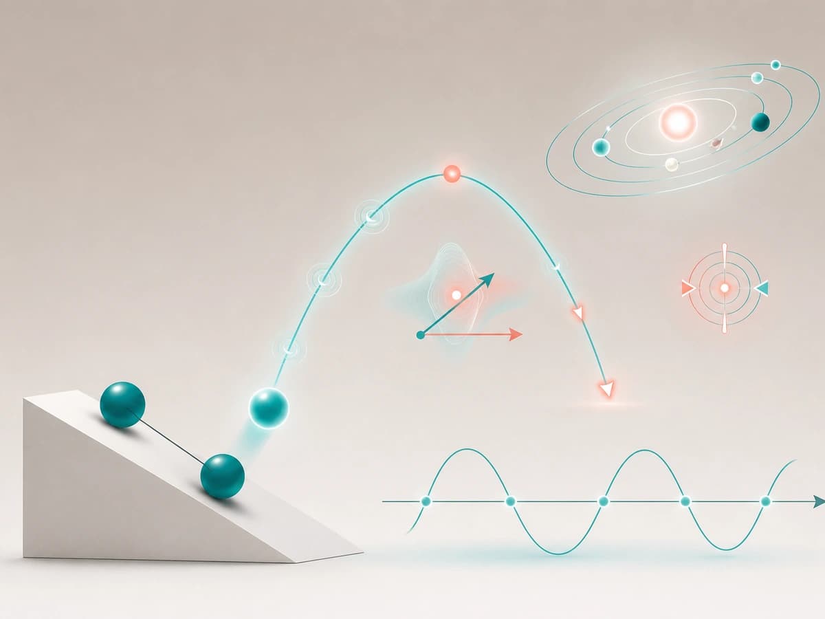 Projectile arc, inclined plane, planetary orbits, and waves in soft studio light.