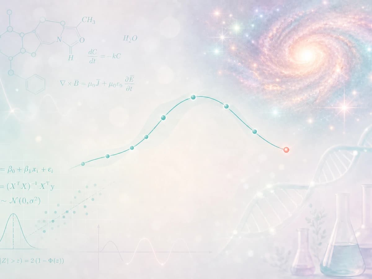 Chemistry, DNA, data fit, and a soft luminous galaxy bloom.
