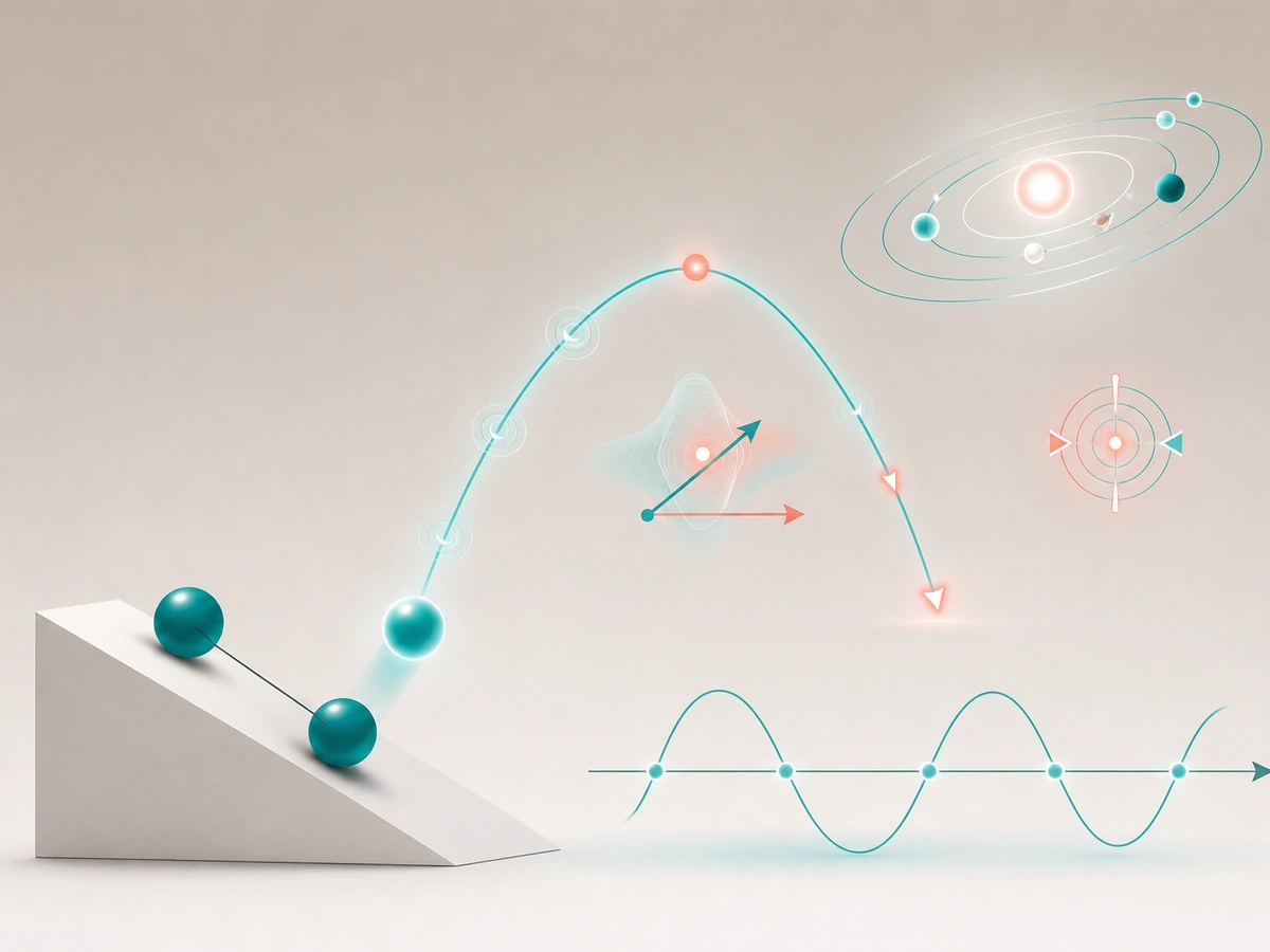 Projectile arc, inclined plane, planetary orbits, and waves in soft studio light.