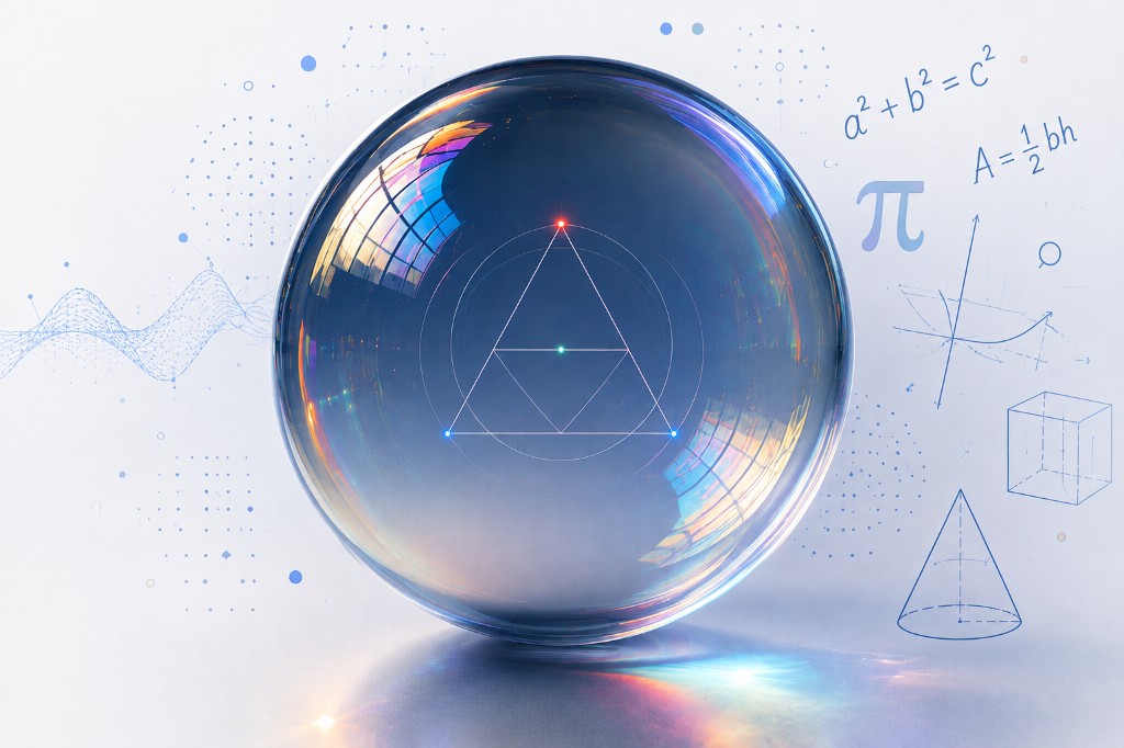 A glass sphere holding a glowing triangle construction, with floating formulas and geometric wireframes in pale studio light.